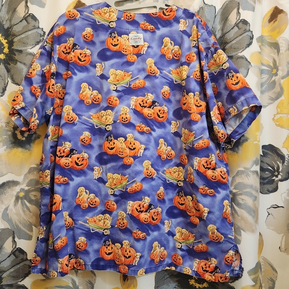 Adorable Uniform City Halloween scrub top! Pumpkins and puppies, so festive! - Picture 2 of 9